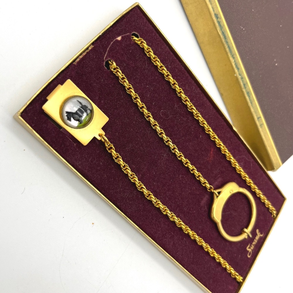 Vintage Swank Gold Tone Handcuff Pocket Watch Chain Dog‎ Intaglio Clip with Box
